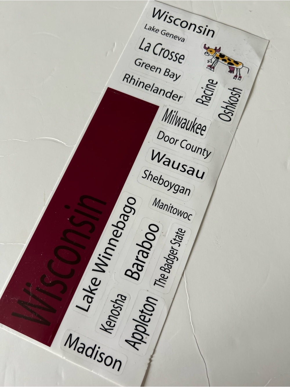 Wisconsin City Names Vinyl Sticker Sheet - Maroon Dairy Cow